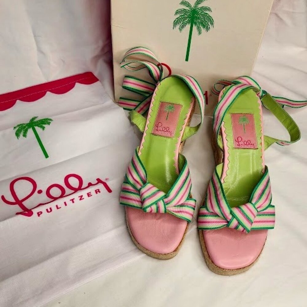 Lilly Pulitzer Erin Wedge Sandal – Pink & Green Ribbon – Size 6